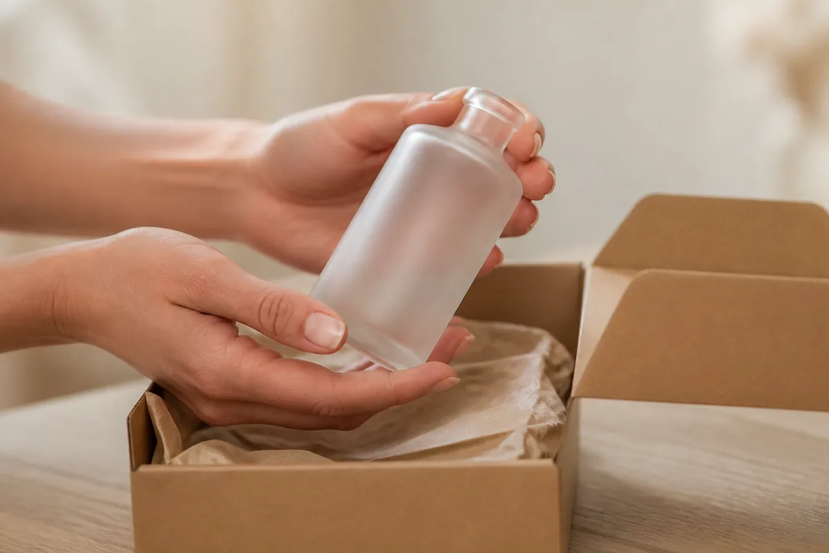 Mains féminines tenant un flacon de verre dépoli au-dessus d’un coffret de soins bio ouvert