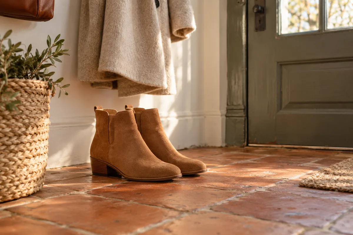 Bottines en daim camel posées près d’une porte d’entrée dans une lumière douce