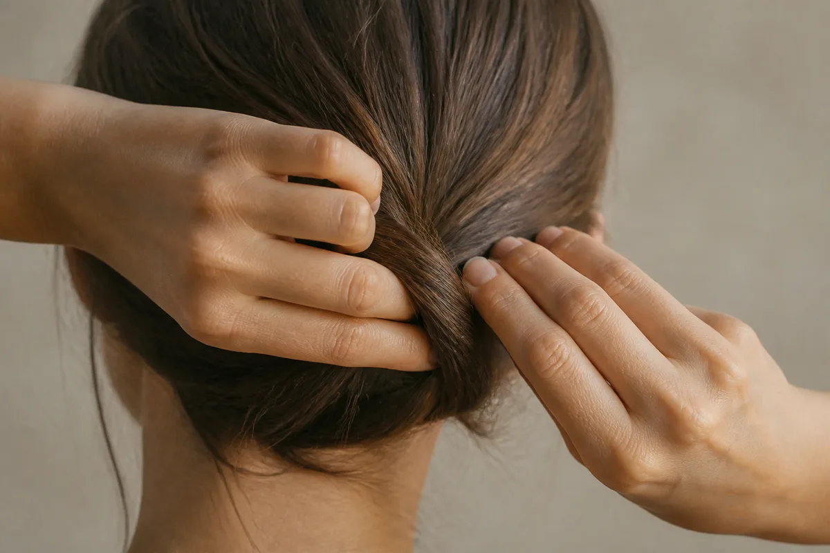 Mains qui torsadent une mèche châtaine pour former un chignon bas sur cheveux mi-longs