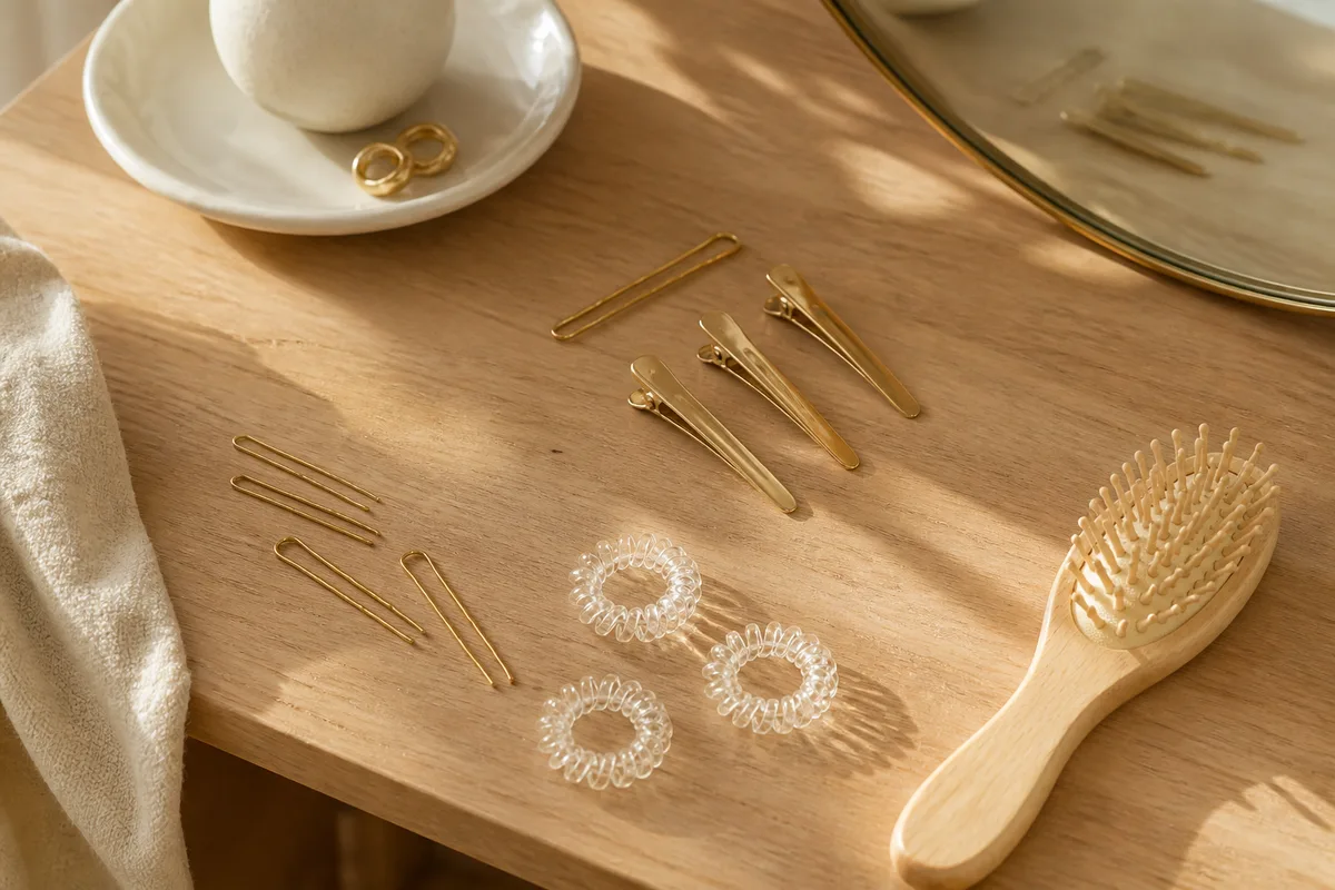 Épingles à cheveux et pinces plates posées sur une coiffeuse en bois clair