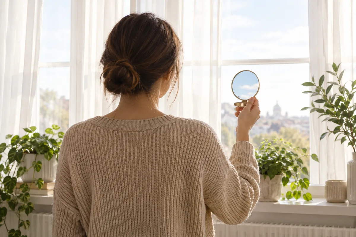 Femme vue de dos face à une fenêtre lumineuse, un miroir de poche à la main
