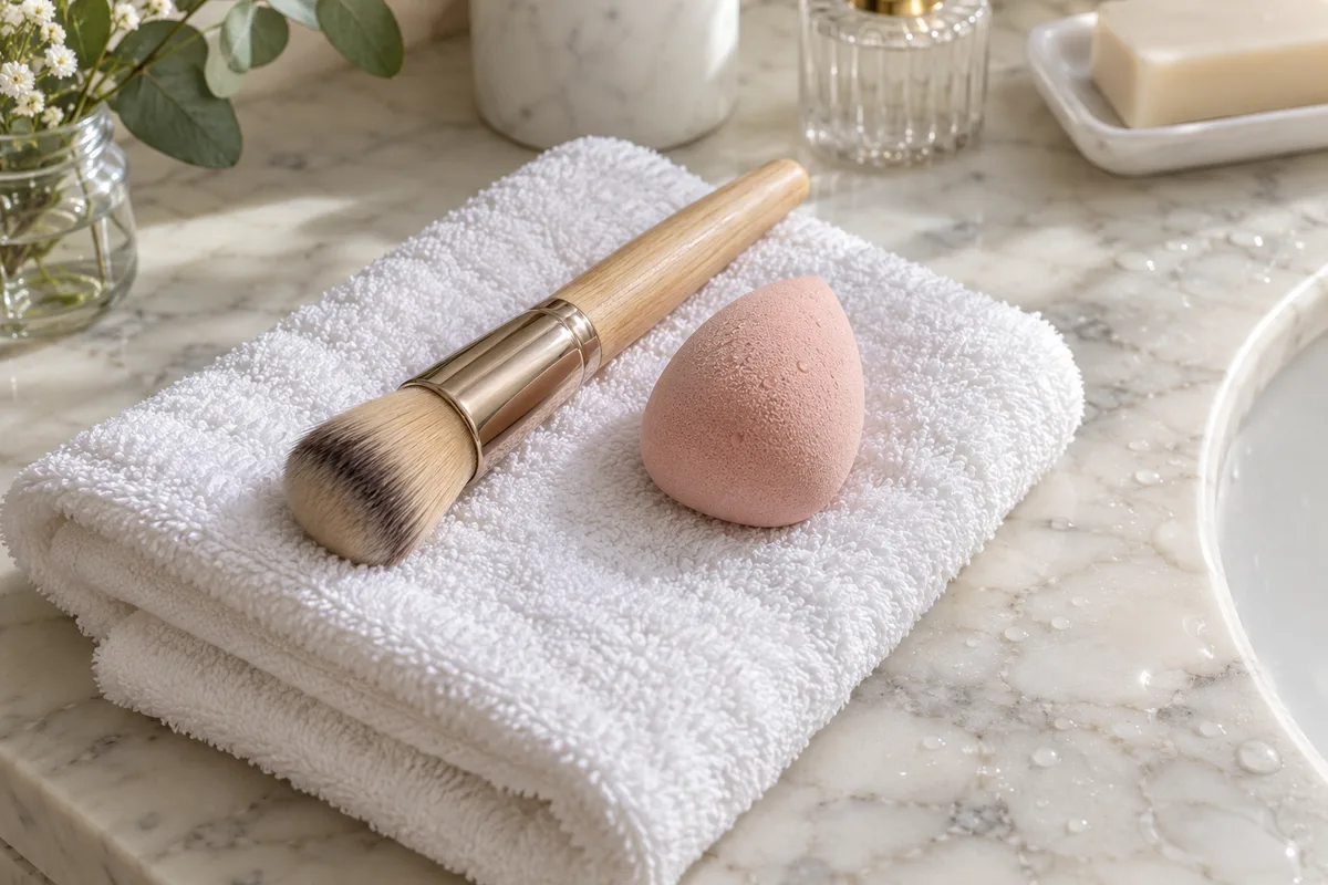 Pinceau à fond de teint et éponge de maquillage posés sur une serviette blanche