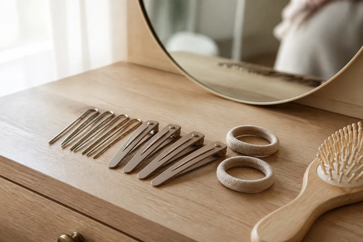 Épingles en U et élastiques de tissu posés sur une coiffeuse en bois clair près d’un miroir rond