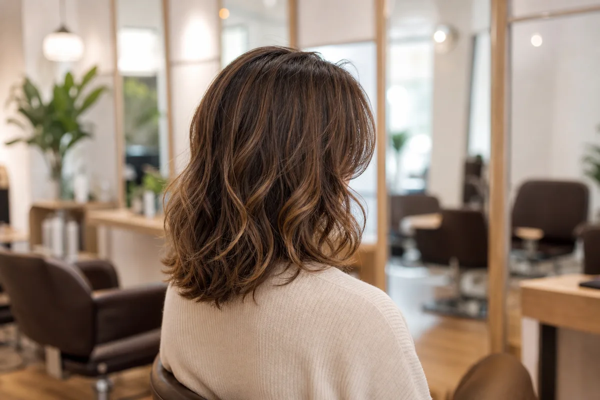 Femme aux cheveux mi-longs ondulés avec frange rideau encadrant un visage carré