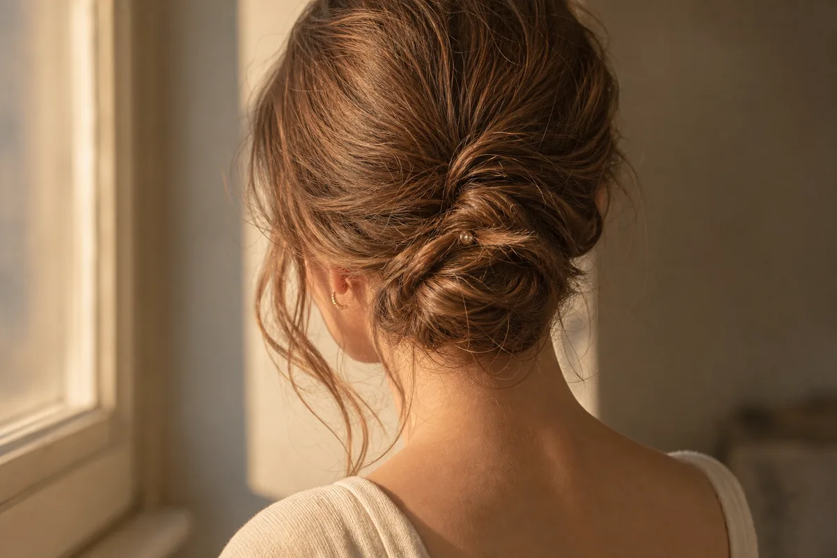 Chignon bas flou avec mèches libres sur cheveux mi-longs, vue de trois quarts dos