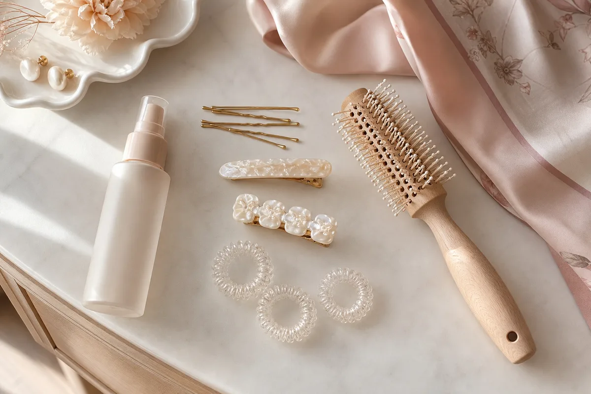Accessoires de coiffure posés sur une coiffeuse : épingles, barrettes, spray texturisant et foulard en soie