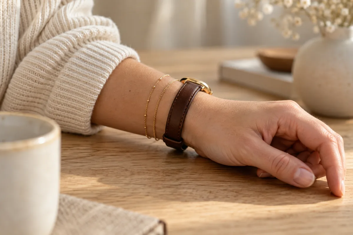 Poignet orné de bracelets dorés fins et d’une montre à bracelet cuir