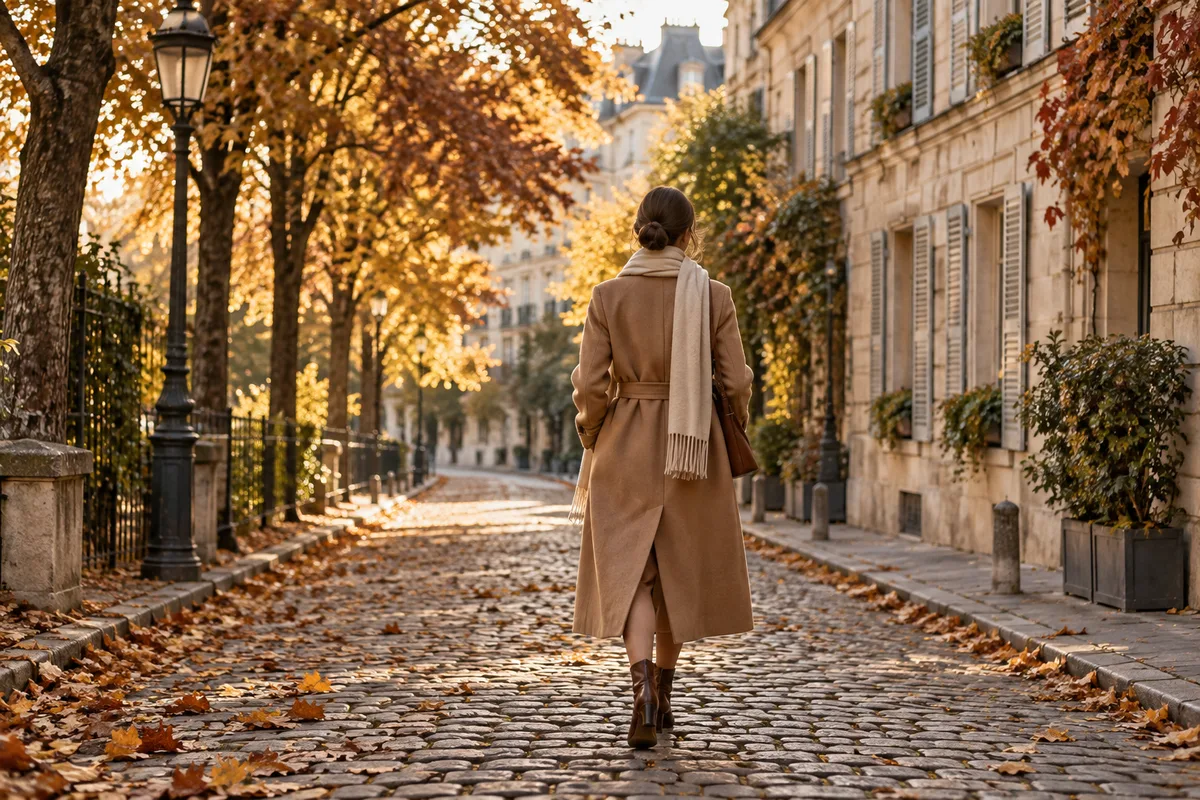 Silhouette de dos en manteau camel ceinturé dans une rue d’automne