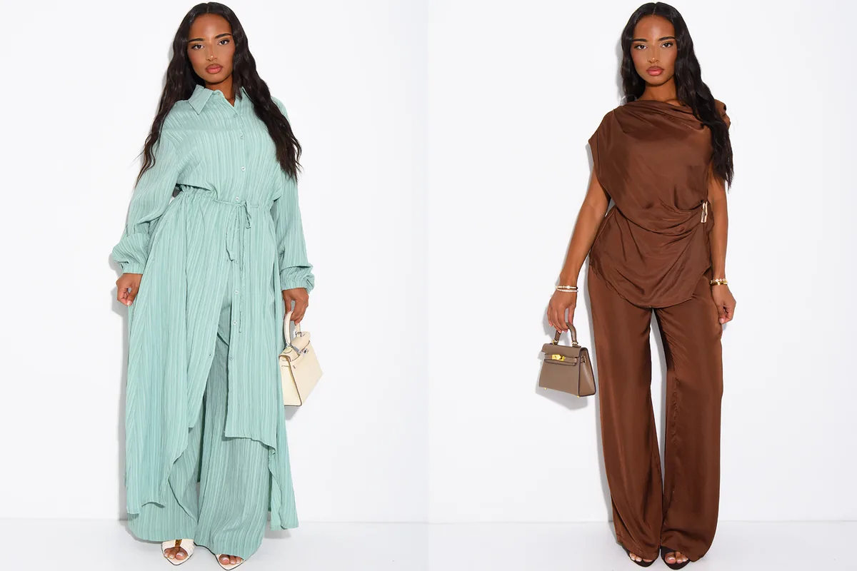 Deux ensembles pantalon fluide et haut Jeans Industry, chemise longue vert d’eau et top satiné chocolat