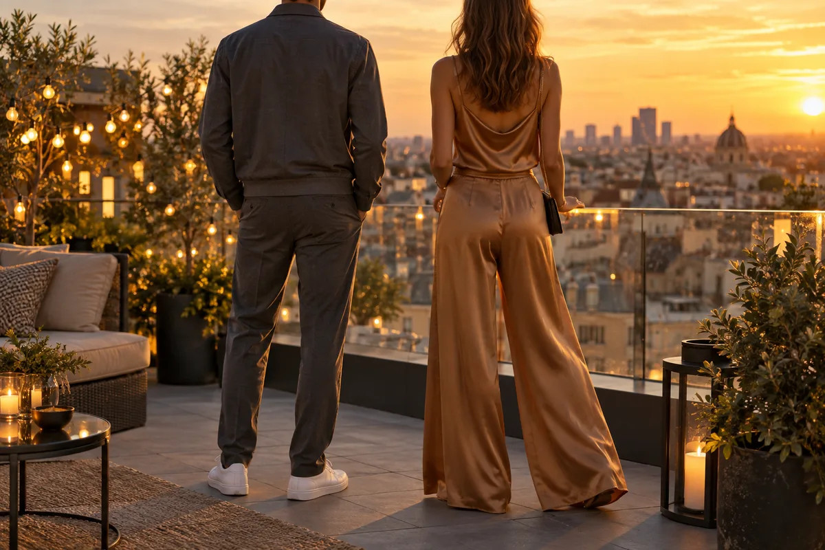 Duo vu de dos sur un rooftop en fin de journée, ensemble veste zippée et ensemble fluide