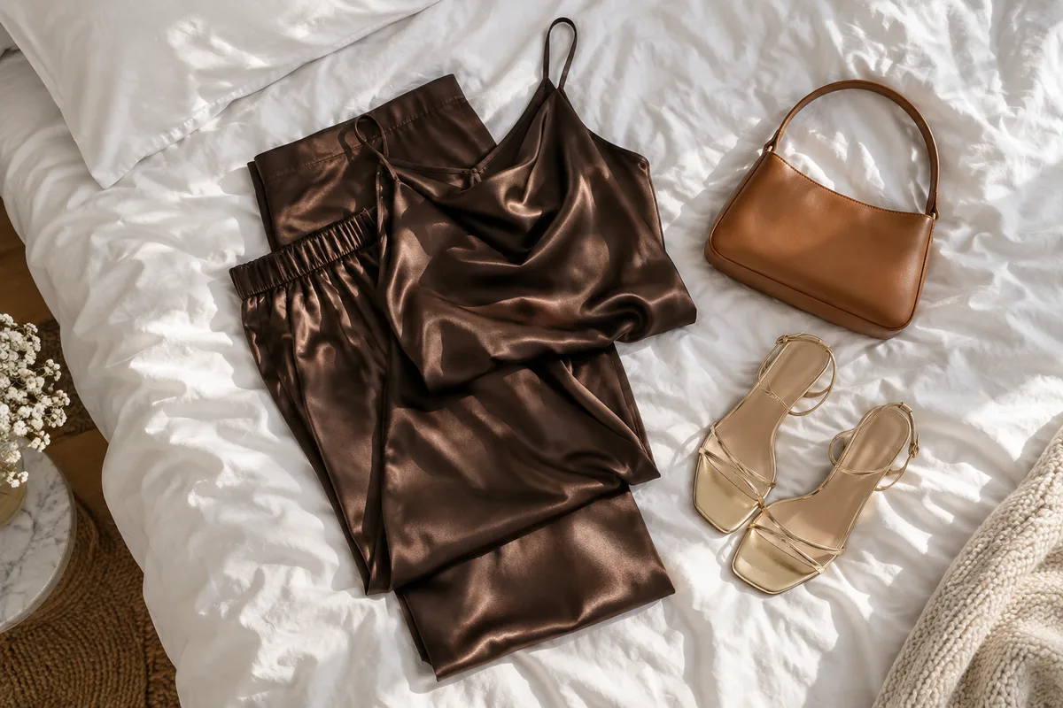 Ensemble satiné chocolat plié sur un lit blanc avec sandales et petit sac à main
