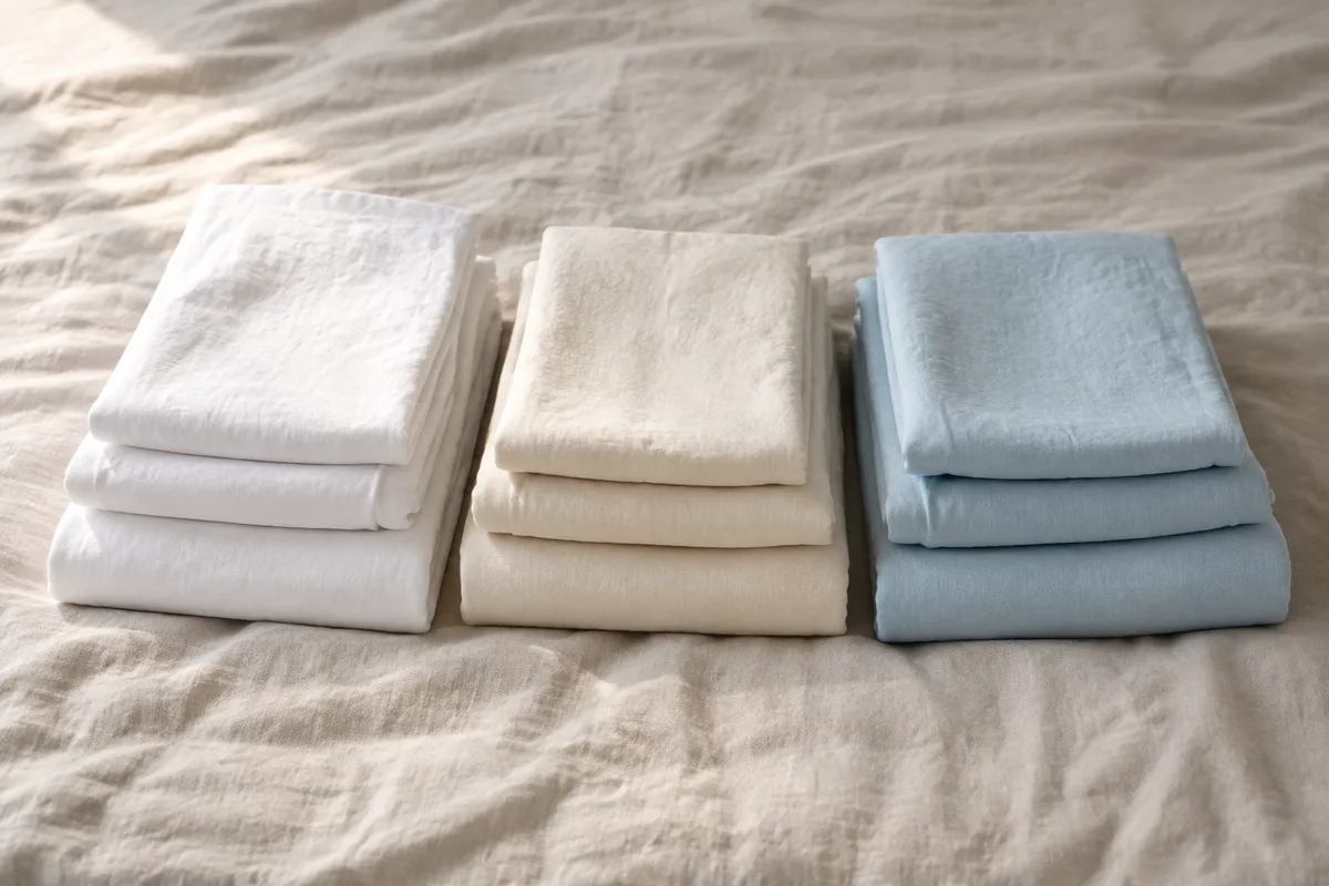 Piles de linge plié triées par teintes claires sur un lit lumineux