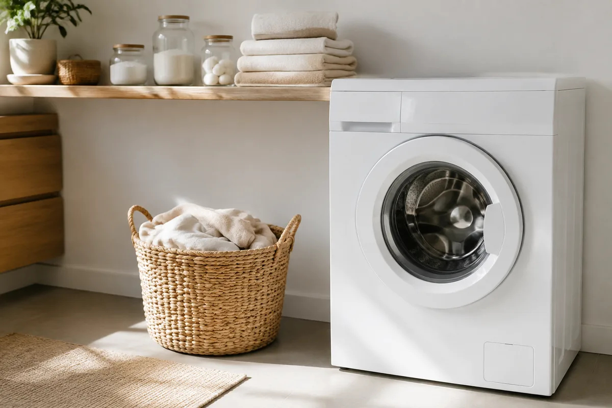 Buanderie claire avec panier en osier et pile de linge plié devant un lave-linge