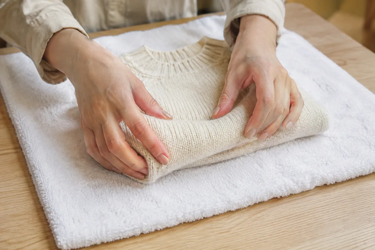 Mains pliant un pull en laine claire sur une pile de linge en tons neutres