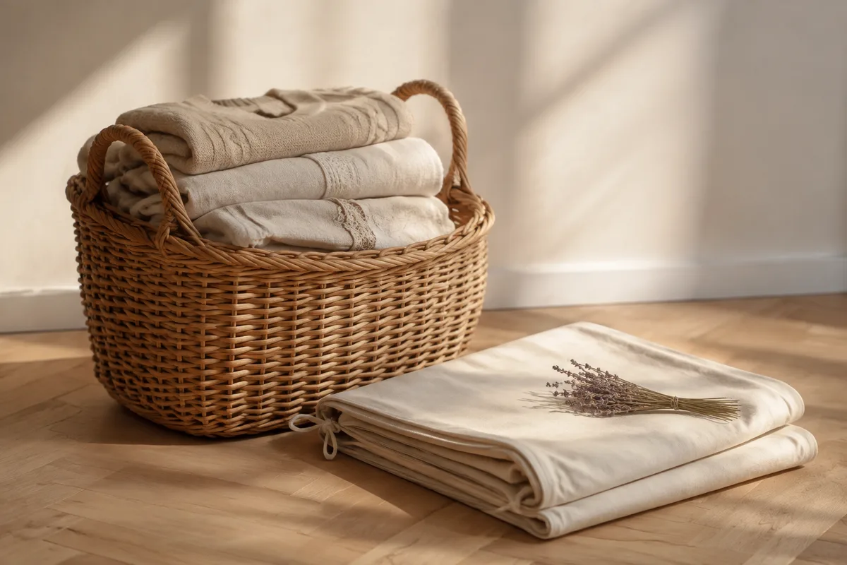 Linge plié empilé dans un panier en osier à côté d&rsquo;une housse en coton écru