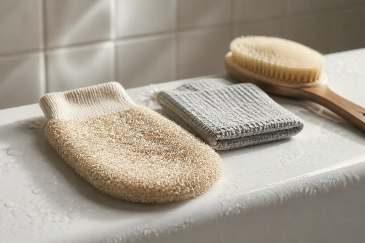 Gant de crin en fibre végétale et serviette gaufrée posés sur un rebord de baignoire en émail