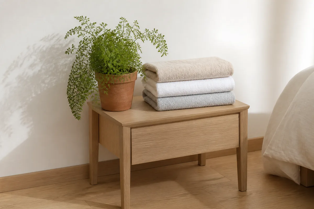 Table de chevet en bois clair avec une plante verte en pot de terre cuite et une pile de linge de bain plié