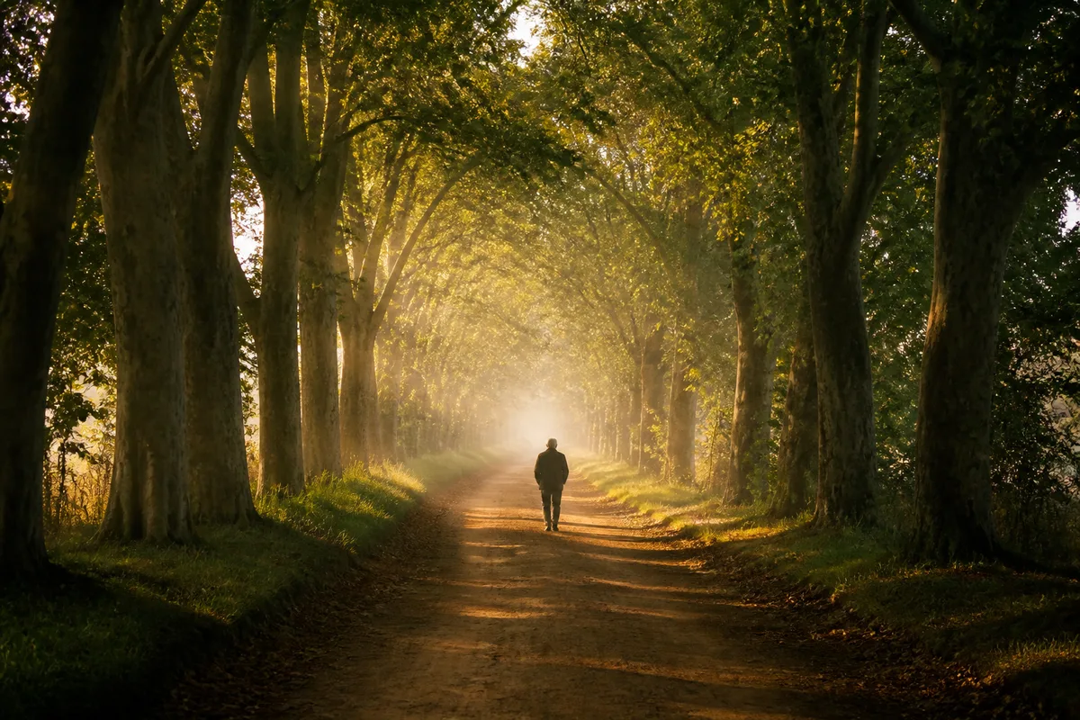 Silhouette de dos marchant dans une allée bordée d&rsquo;arbres au petit matin