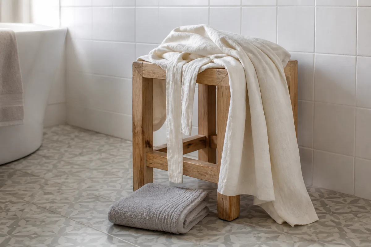 Table de chevet avec une plante verte et du linge plié, lumière douce du matin, intérieur français