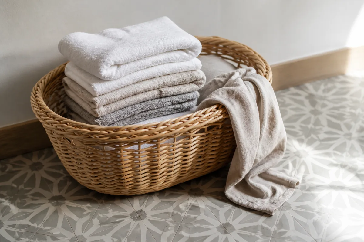 Panier en osier rempli de linge de toilette plié, posé sur un sol en carreaux de ciment