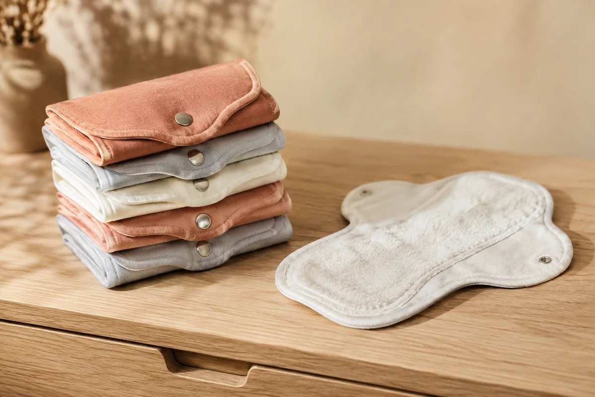 Serviettes hygiéniques lavables en coton uni pliées en pile sur une commode claire
