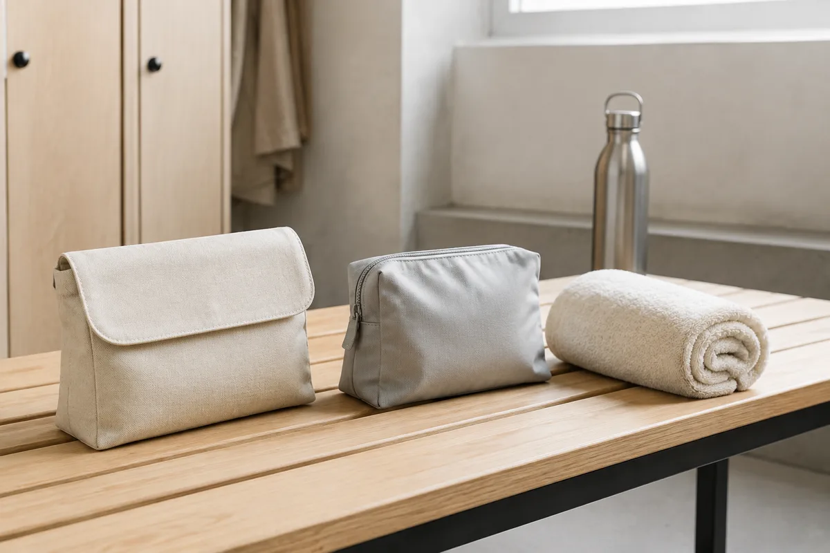 Pochette en lin et petit sac en tissu posés sur un banc de vestiaire en bois clair