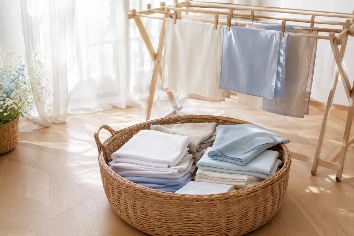 Corbeille en osier remplie de linge plié près d’une fenêtre à la lumière du matin