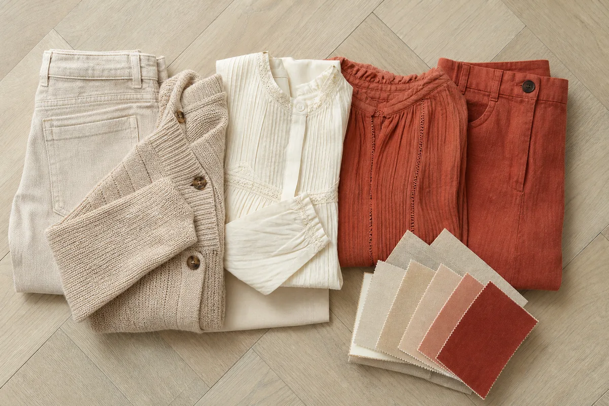 Palette de vêtements aux tons neutres et terracotta posés à plat avant une séance photo