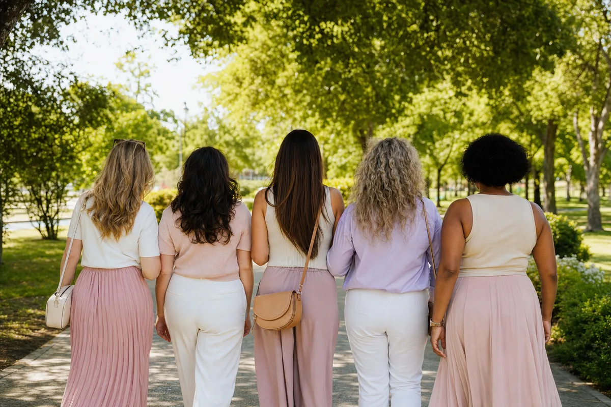 Groupe d’amies en tenues coordonnées aux couleurs douces lors d’un shooting photo en extérieur