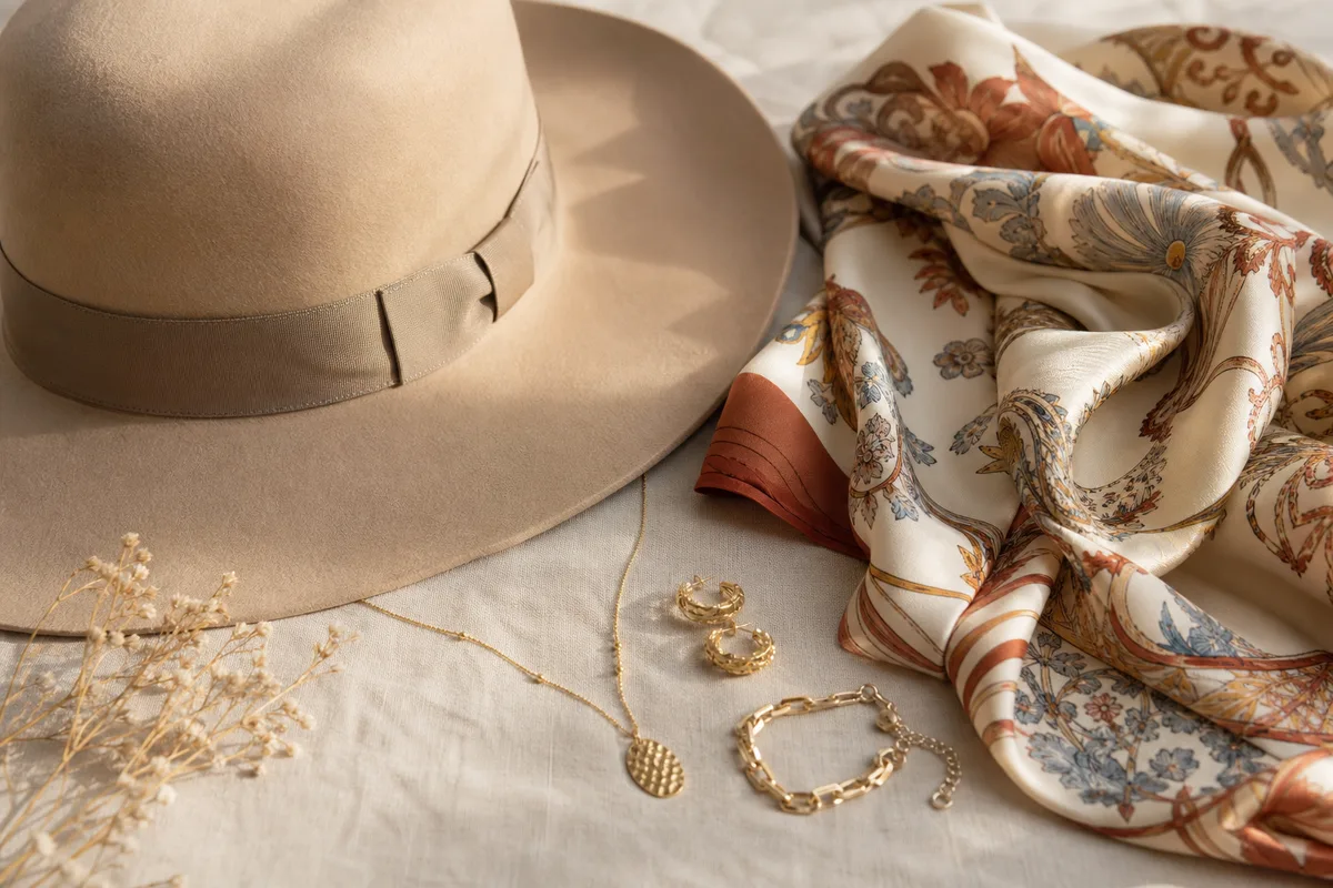 Chapeau en feutre, foulard en soie et bijoux dorés disposés à plat avant un shooting photo