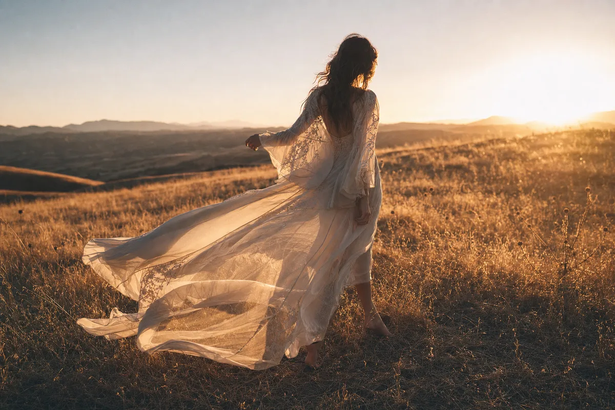Robe de mariée bohème en mousseline fluide portée dans un champ au coucher du soleil