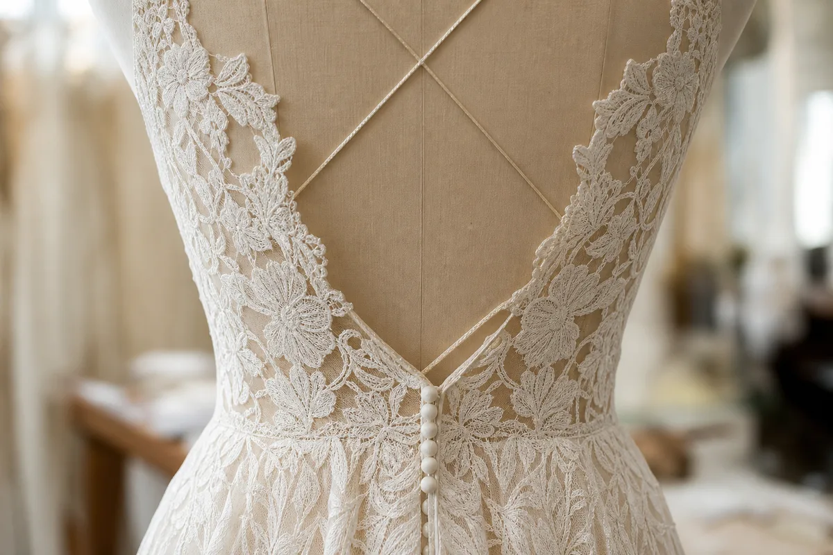 Détail de dentelle guipure et dos nu croisé sur une robe de mariée bohème