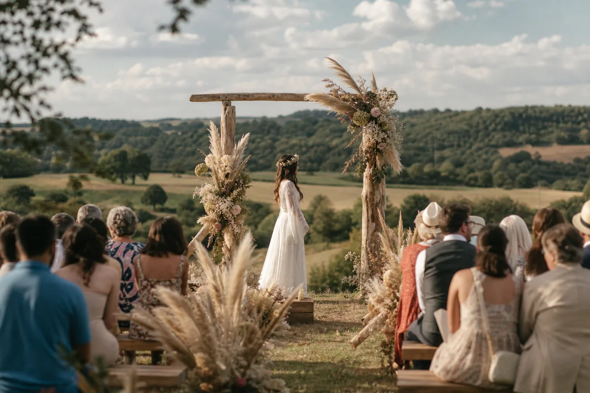 Mariée en robe bohème à manches évasées lors d’une cérémonie champêtre sous une arche fleurie