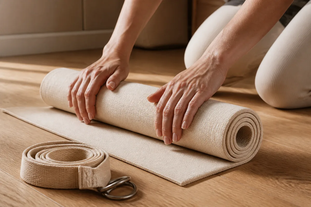 Tapis de yoga fin roulé et posé sur une valise ouverte dans une chambre claire