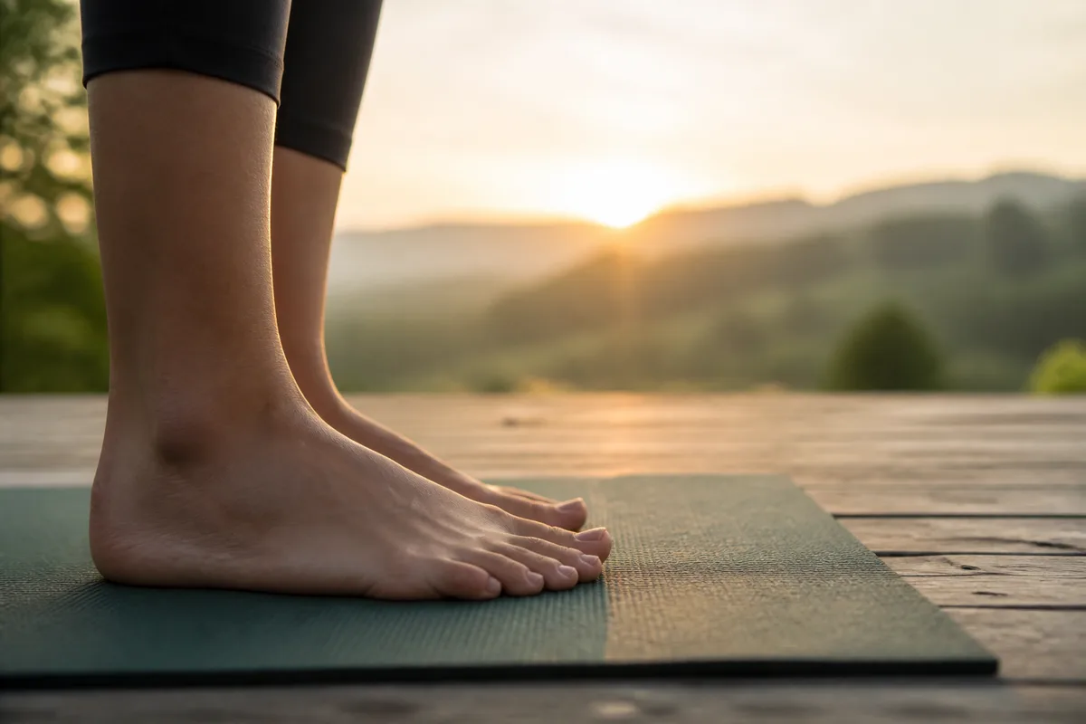 Pieds nus sur un tapis de yoga déroulé sur une terrasse en bois au lever du jour